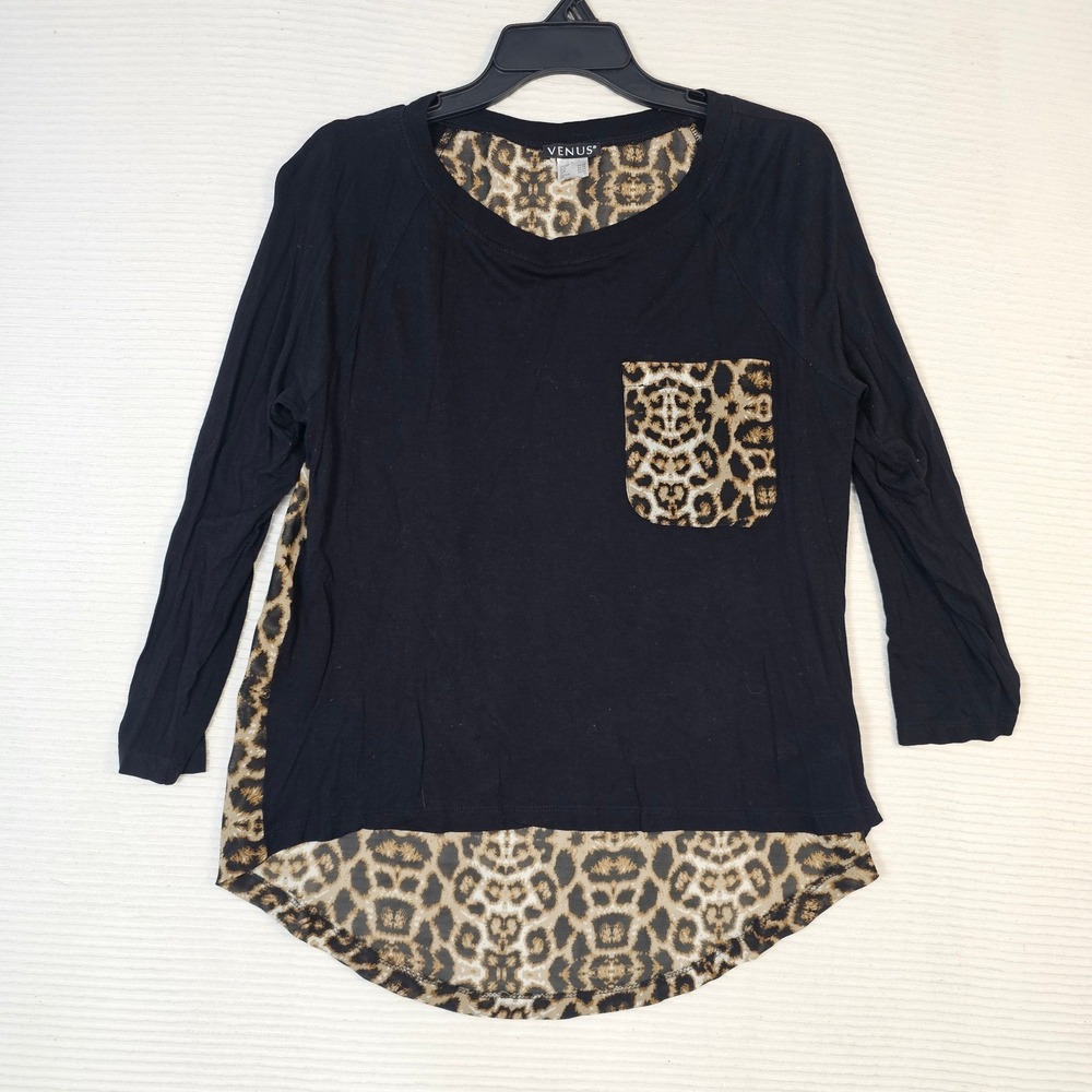 Venus Womens Large Black Leopard Print High Low Mixed Media Long Sleeve Top L
